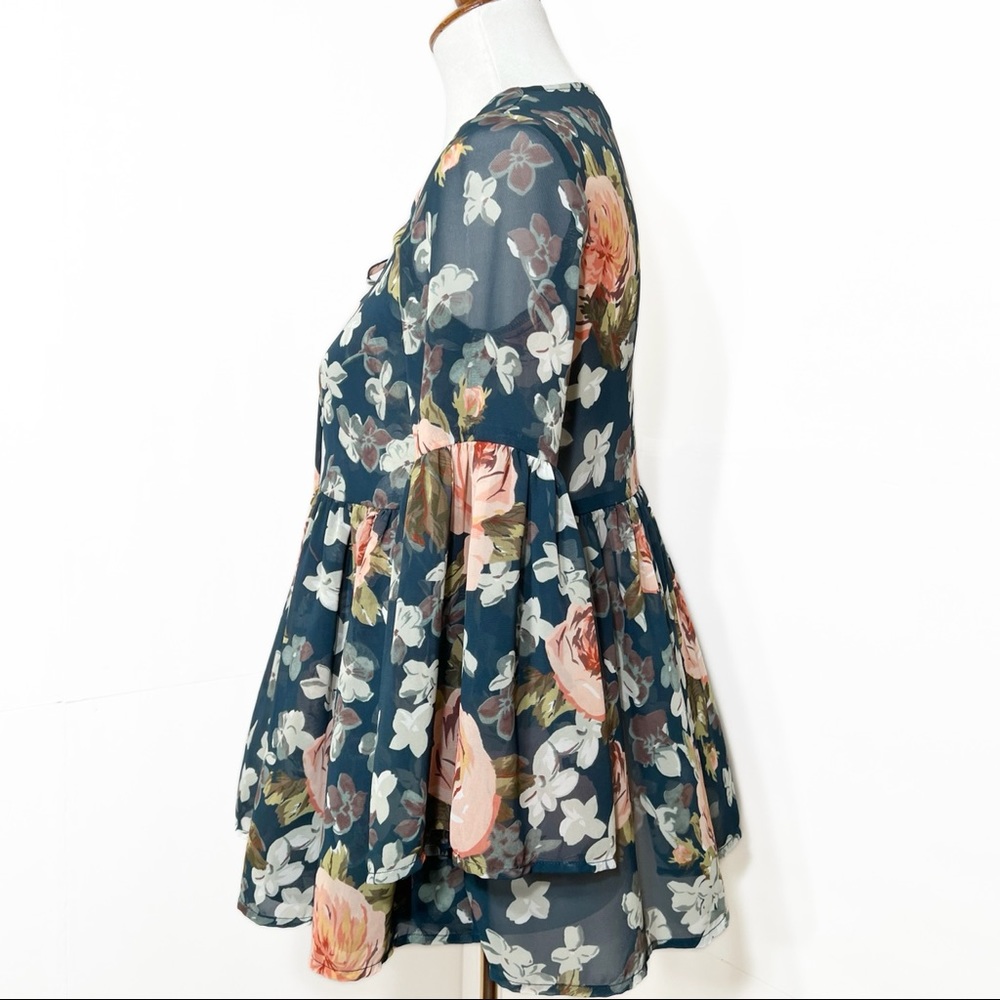 Show Me Your Mumu Teal Floral Tie Neck Bell Sleeve Ruffled Peplum Peasant Blouse - Picture 4 of 9